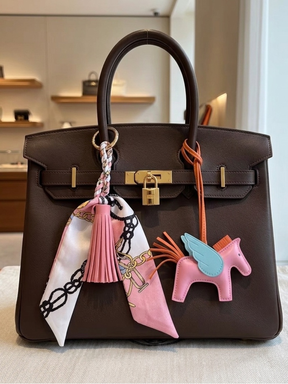 Luxury Pegasus Horse Leather Bag Charm with Twilly-Wrapped-Tassel - pink
